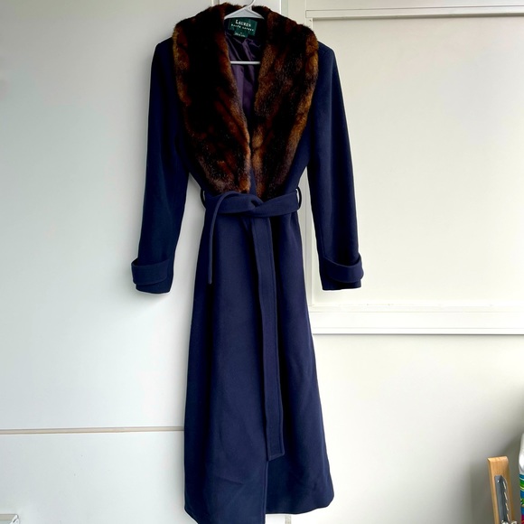 RALPH LAUREN lamb wool navy blue tied long coat